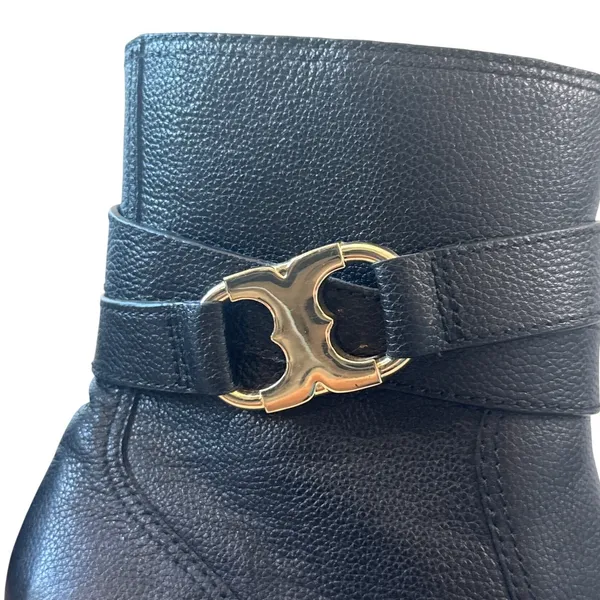 Tory Burch Gemini Link Black Pebbled Leather Ankle Booties Gold Buckle 7.5 - Image 7