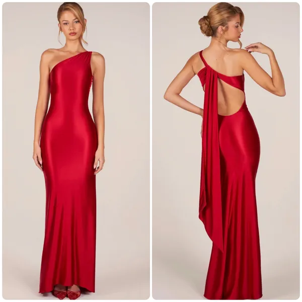 Oh Polly Adelina Asymmetric Tie Back Maxi Gown Dress in Cherry Red Size M New - Image 2