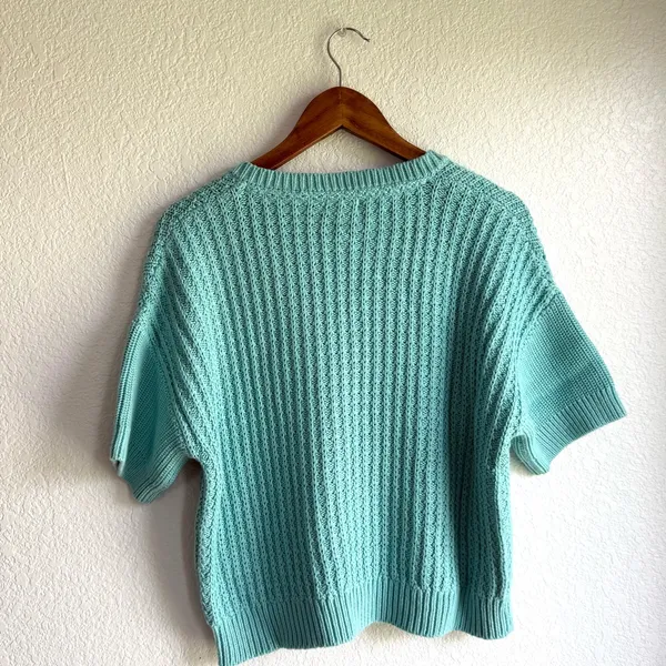 Sundance Womens Sweater Blue Green Chunky Knit Short Sleeve V Neck Size Small - Image 2