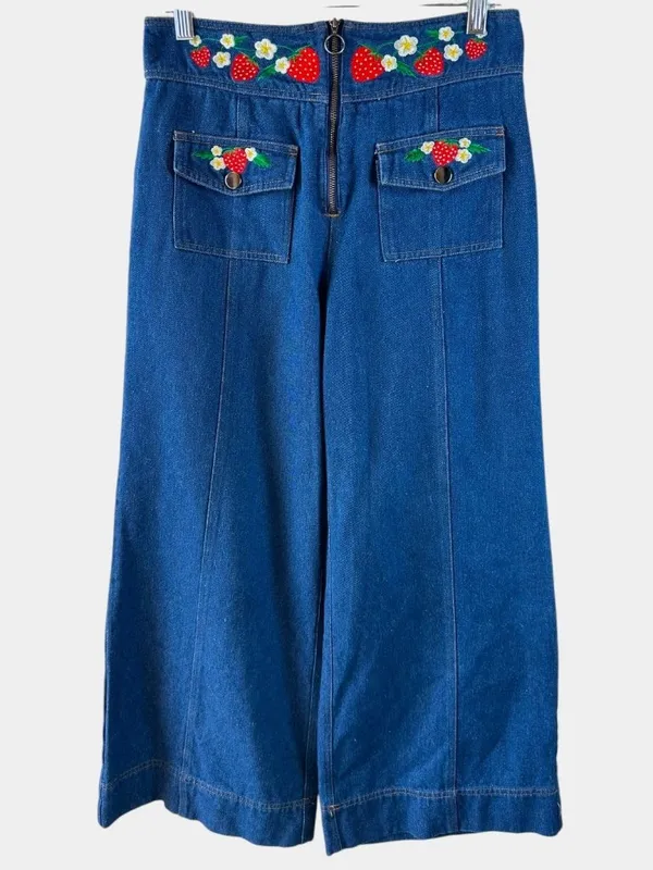 Smak Parlour Strawberry Blossom Embroidered Wide Leg Jeans M Retro Cottagecore - Image 2