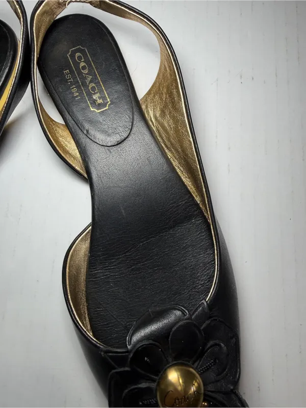 Coach Black Leather Slingback Flats with Floral Stud Accent - Image 3