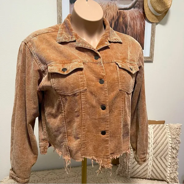 POL Frayed Hem Vintage Inspired Teddy Bear Brown Cropped Corduroy Jacket S - Image 6