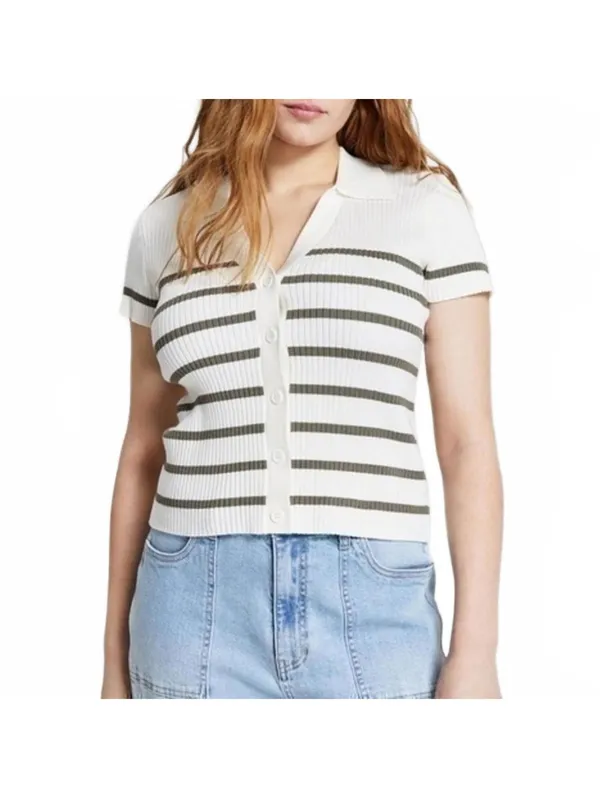 Button Ribbed Polo Short Sleeve Sweater And Now This Green Stripe XXS - Image 5