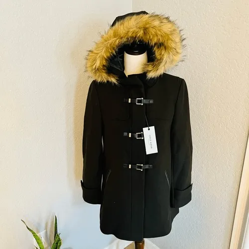 Cole Haan‎ Wool Blend Faux Fur Trim Hooded Coat, Brown, Size 4, NWT - Image 2