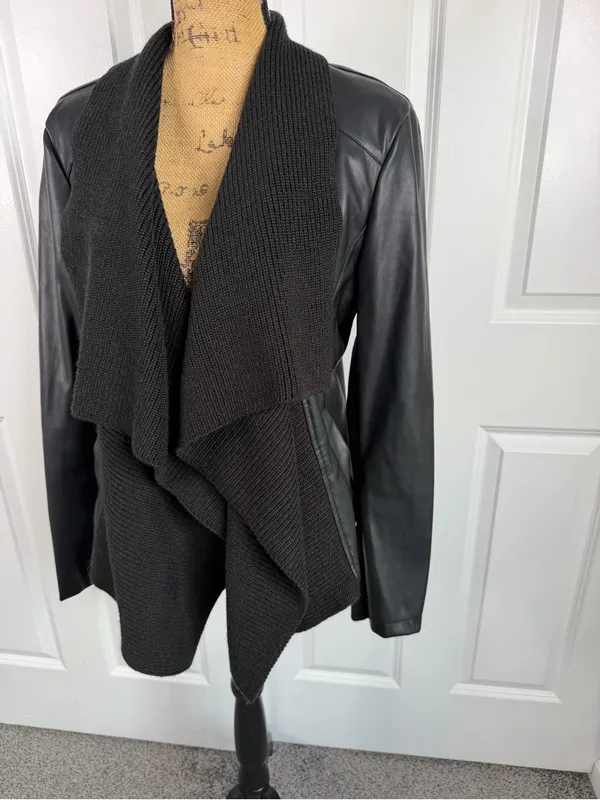 Bar III Black Draped Open Front Mixed Media Faux Leather Jacket Size L - Image 3