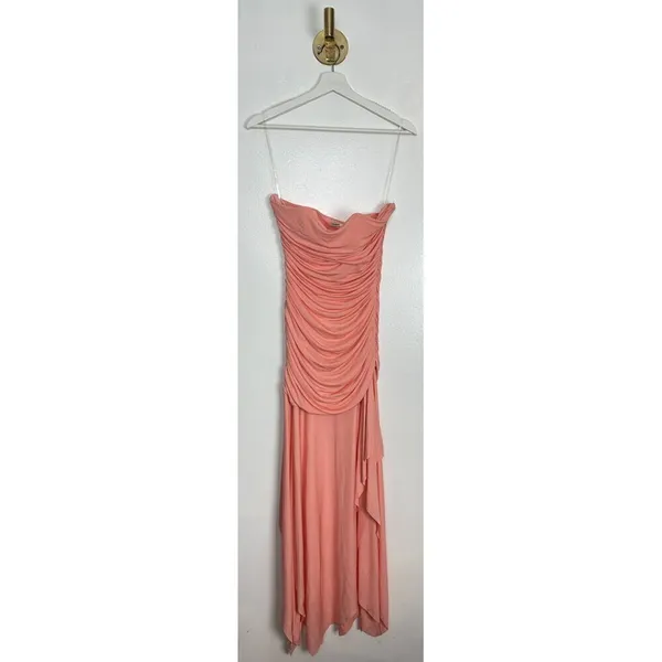 HOUSE OF CB Ivana Gathered Asymmetric Dress in Apricot Size Medium - Image 4