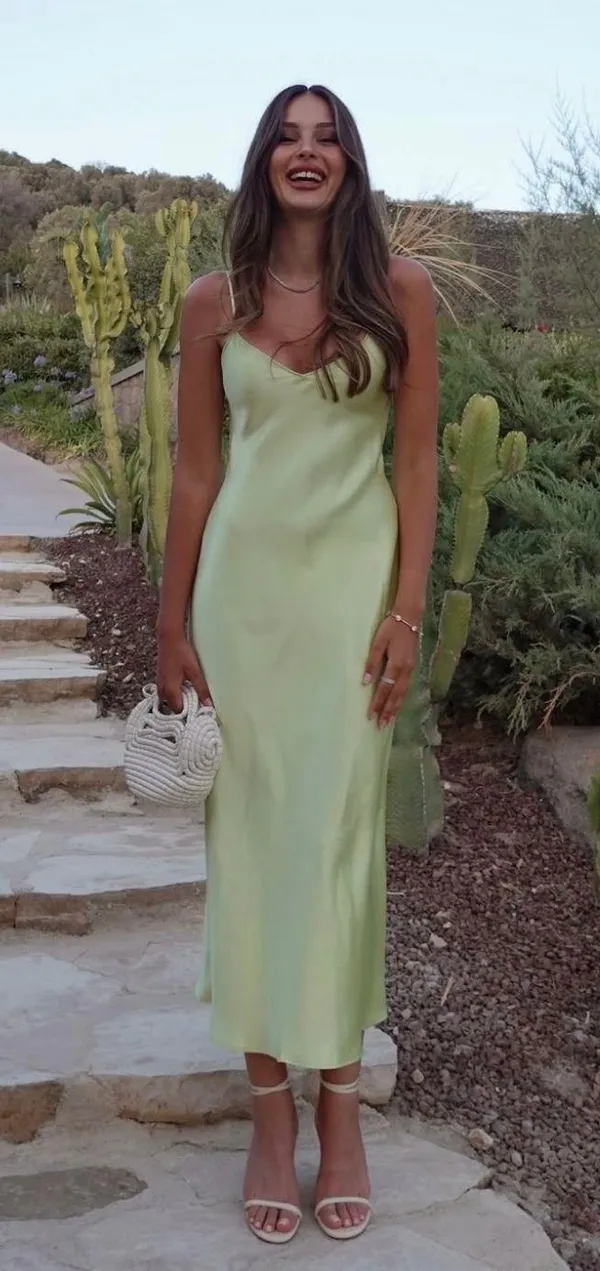Zara maxi slip satin sage green strappy bodycon dress boho wedding summer - Image 3
