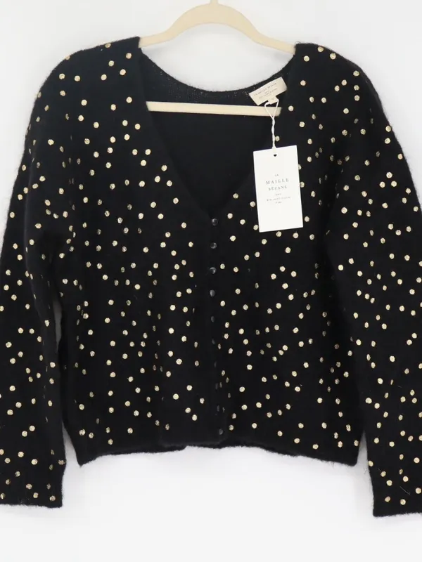 Sézane Lizy Cardigan Black Gold Metallic Dot Mohair Wool Blend Sweater Small - Image 2