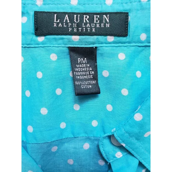 Ralph Lauren Blouse Women Medium Blue Polka Dot Top Button Up Pockets Roll Tab - Image 3