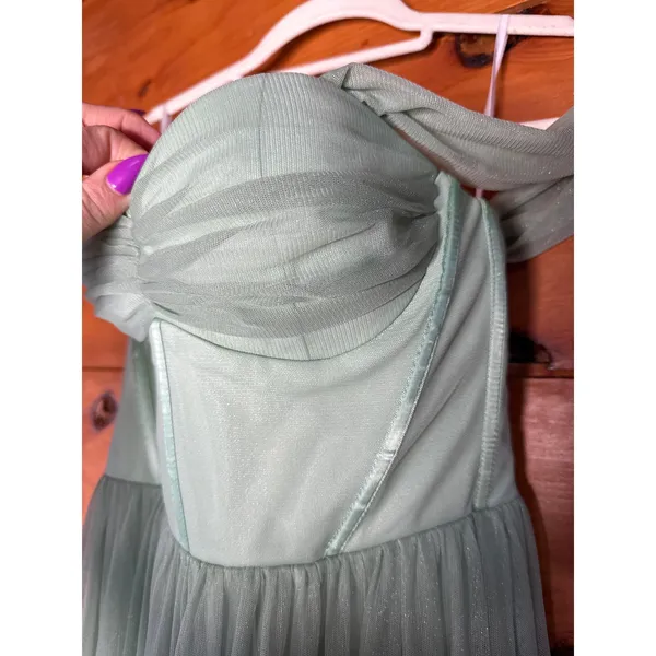 NWT Lulus Stunning Personality Sage Green Mesh Off-the-Shoulder Maxi Dress Sz XS - Image 8