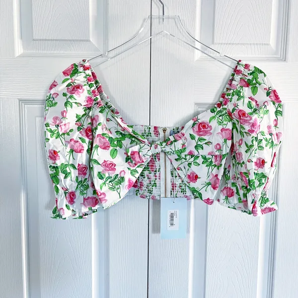 Hill House Home Isabella Top Pink Roses Puff Sleeve Smocked Crop - Image 3