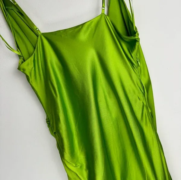 NWT ZARA Bright Green Satin Slip Midi Dress Sz XL Drapey Wrap Side Slit - Image 14