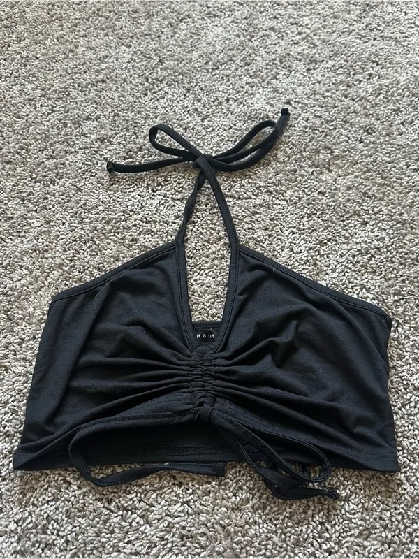 Haute Monde Black Halter Ruched Crop Top - Image 2
