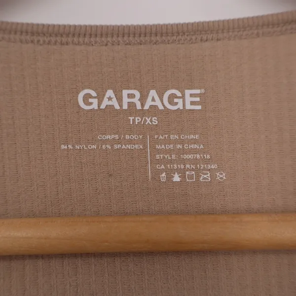 Garage Women Tan Ribbed V-Neck Long Sleeve Crop Top Beige XS - Image 2
