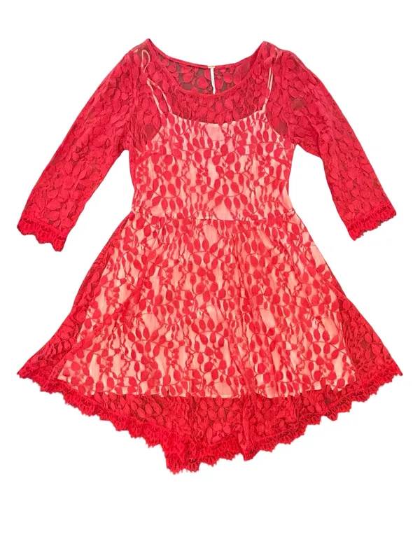 Free People Red Lace Fit & Flare Mini Dress 10 Boho Romantic Whimsigoth skater - Image 3