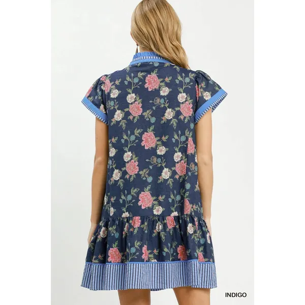 Umgee Floral Contrast Trim Ruffle Hem Mini Dress - Indigo - Small - Image 3