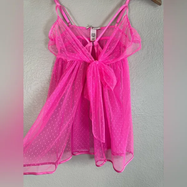 Victoria’s Secret Hot Pink Swiss Dot Sheer Mesh Babydoll Bow Tie Front $80 Small - Image 5