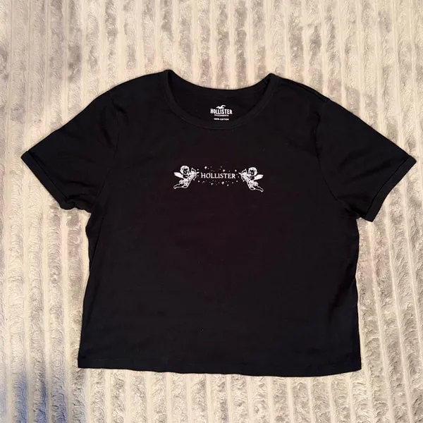 Hollister Womens Black Cherub Angel Graphic‎ Tee Cotton Short Sleeve Shirt L - Image 2