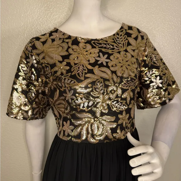 Stevie Hender Formal Line Maxi Formal Dress Black Color Gold Lace Size L. I#89 - Image 3