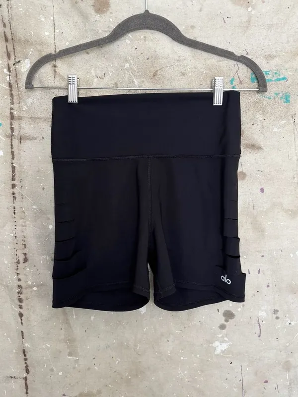 Alo Yoga Ripped High Waist Warrior Bike Shorts in Black - Image 3