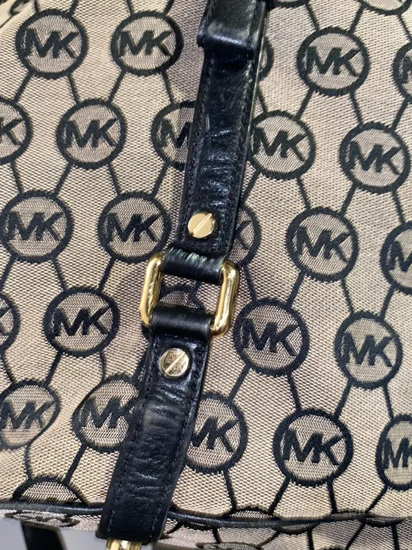 Michael Kors Black and Beige MK Monogram Satchel with Crossbody Strap - Image 9