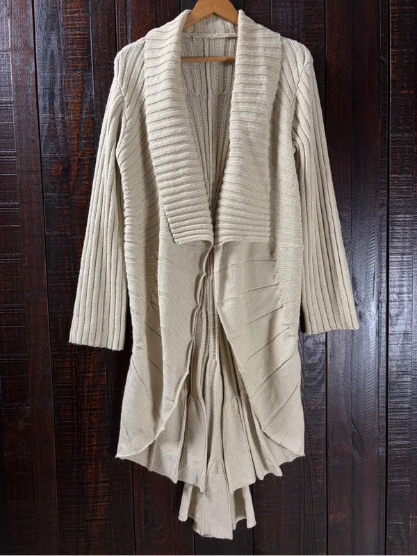 Vintage Light Beige Open-Front Duster Cardigan Sweater - Image 2