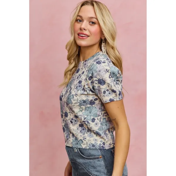 SO ME Floral Print Short Sleeves Sweater Knit Top - Blue - XL - Image 4