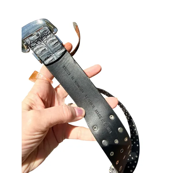 Source Unknown Western Croc‎ Embossed Studded Rhinestone Belt Black Silver Embossed Buckle - Image 5