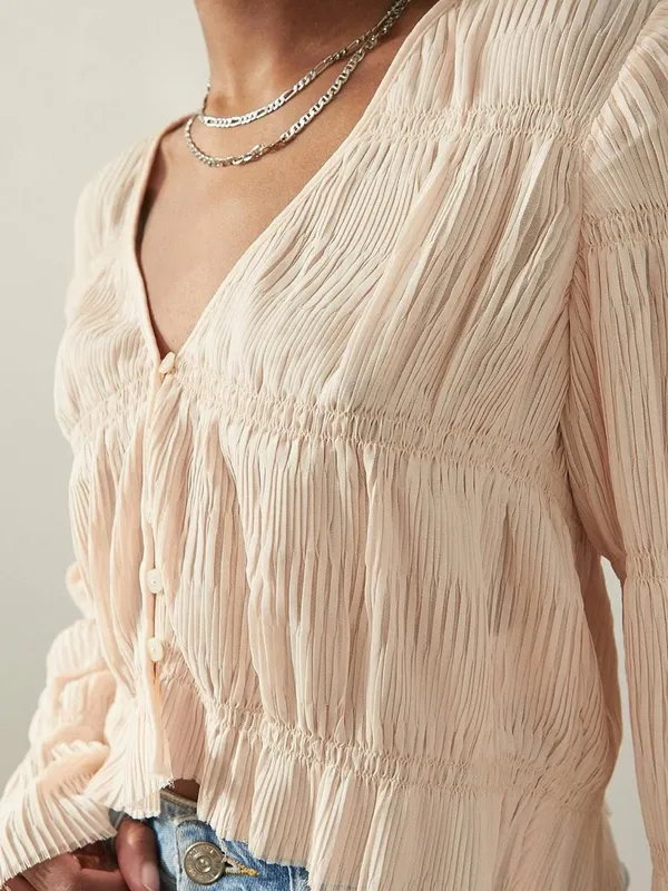 Urban Outfitters Pleated V-Neck Button Blouse in Light Blush - Image 2