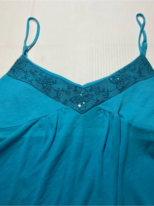Aqua Blue Babydoll Camisole Eyeshadow Women/Jr Sz M Sequin Trim Shelf Bra Y2K - Image 2