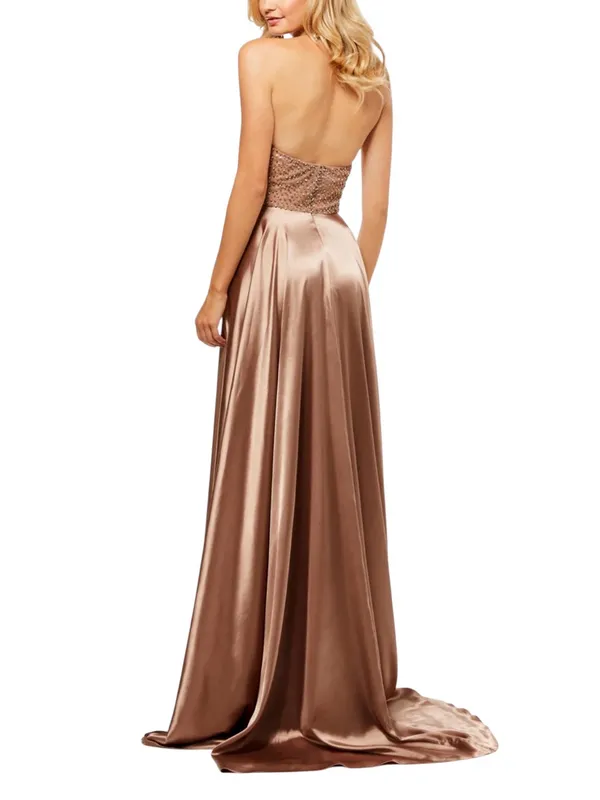Sherri Hill 52570 Beaded Rhinestone Satin Layered Halter Gown 0 in Mocha - Image 3