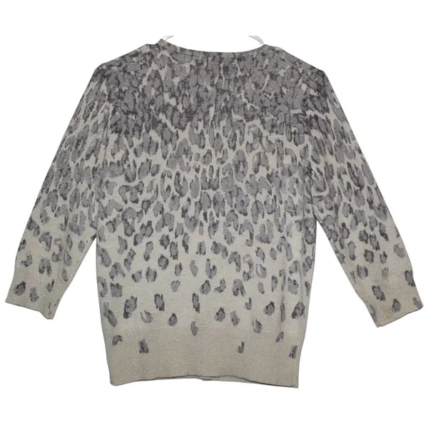 Women's Lord & Taylor Gray Silver Cream Cashmere Cheetah Cardigan Sweater Size M - Image 2
