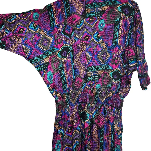 VTG En Focus Geometric Jumpsuit Purple L Rayon Southwestern Boho 90s USA Made - Image 13