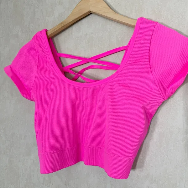 aerie Ribbed Crop Top Shirt Shortsleeve Back Criss Cross Straps in Pink Neon XXL - Image 4
