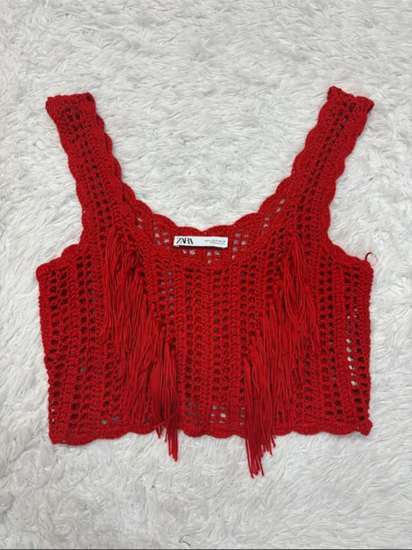 Zara Red Crocheted Fringe Crop Tank Top - Image 4