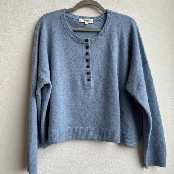 Madewell 100% Cashmere Relaxed Quite Luxury Henley Pullover River Blue Size XL - Image 2