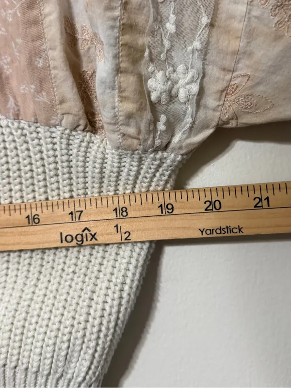 Anthropologie Pilcro Martine Peasant-Sleeve Sweater Boho Blush Medium Patchwork - Image 7