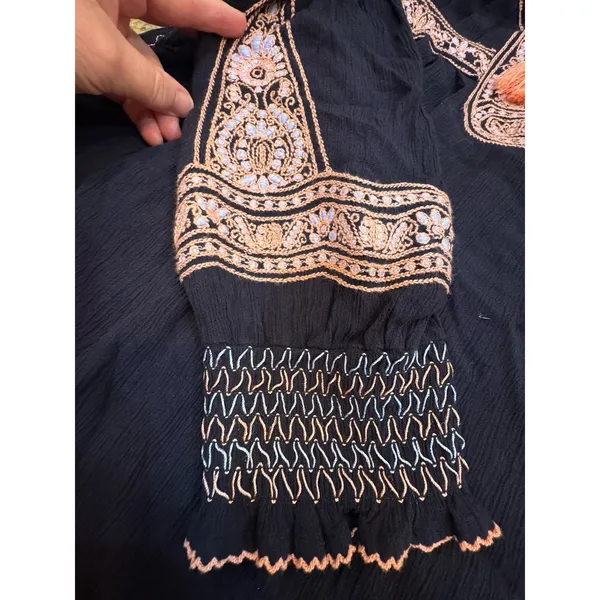 Free People Wind Willow Bohemian Peasant Mini Dress Size Large Navy Embroidered - Image 10