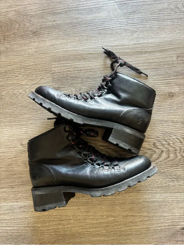 Frye Black Leather Lace-Up Hiker Boots with Red-Accented Laces - Image 10