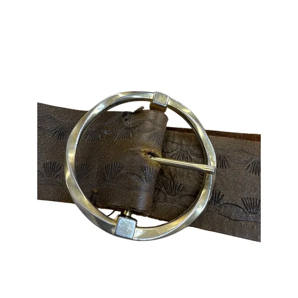 Vintage Womens Brown Leather Belt With Silver-Tone Circular Buckle 35" Length SK - Image 2