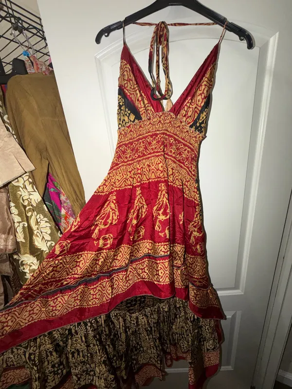 Bohemian Indian Silk V-Neck High-Low Maxi Dress - Image 5
