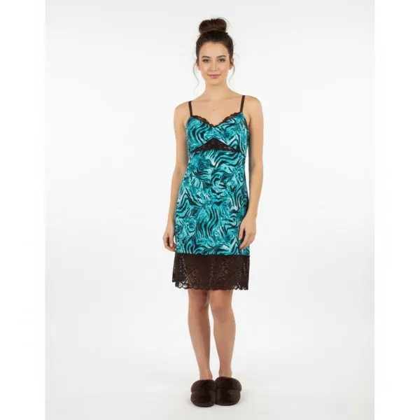 Josie Natori Blue & Brown Print Sleeveless Slip Sleep Dress L - Image 6