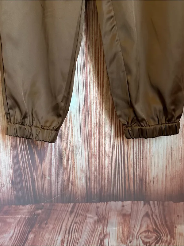 Allegra K Coffee Brown Drawstring Elastic Waist Tassel Satin Jogger Pants Sz XS - Image 7