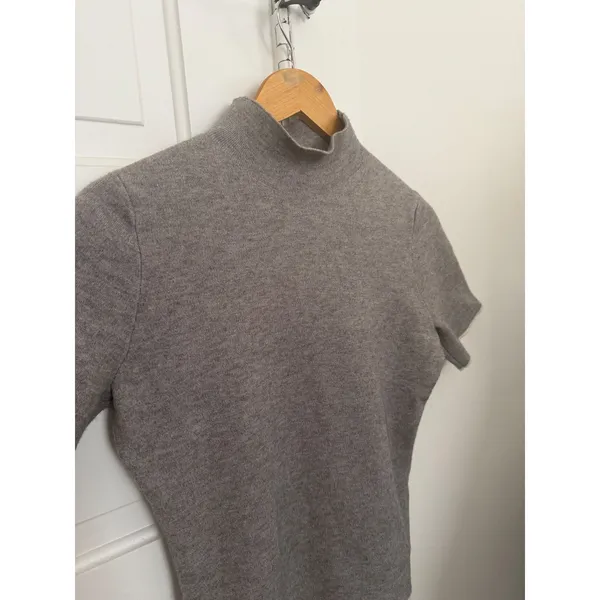 Zara Knit Womens Grey Mock Neck Short Sleeve Sweater Contrast Trim Large - Image 4