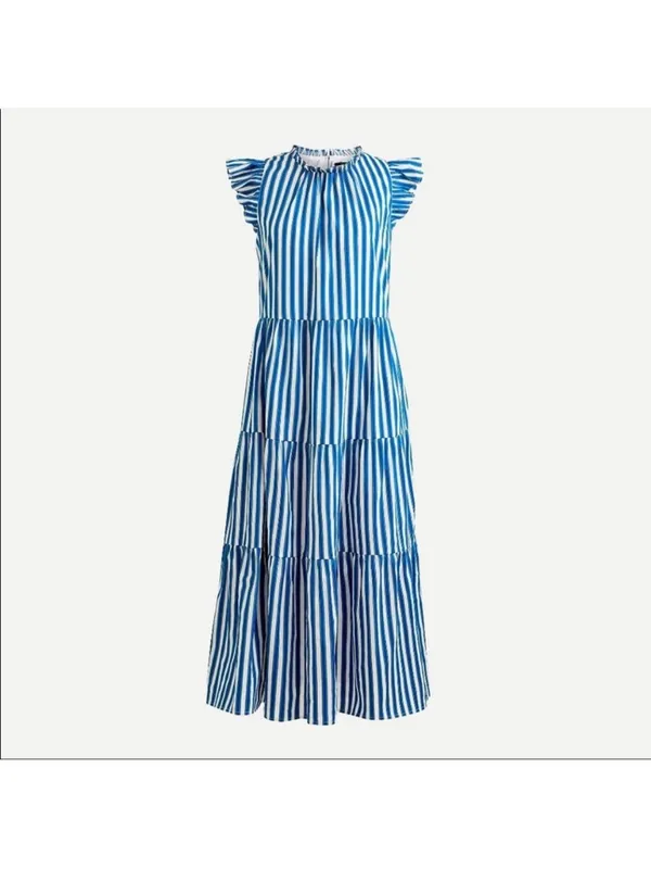 J. Crew Tiered Cotton Dobby Dress in Cape Blue White Green Stripe Large - Image 5