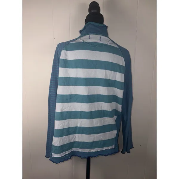 Free People We The Free XS Striped Turtleneck Top Teal Blue Raw Seam Pocket - Image 2