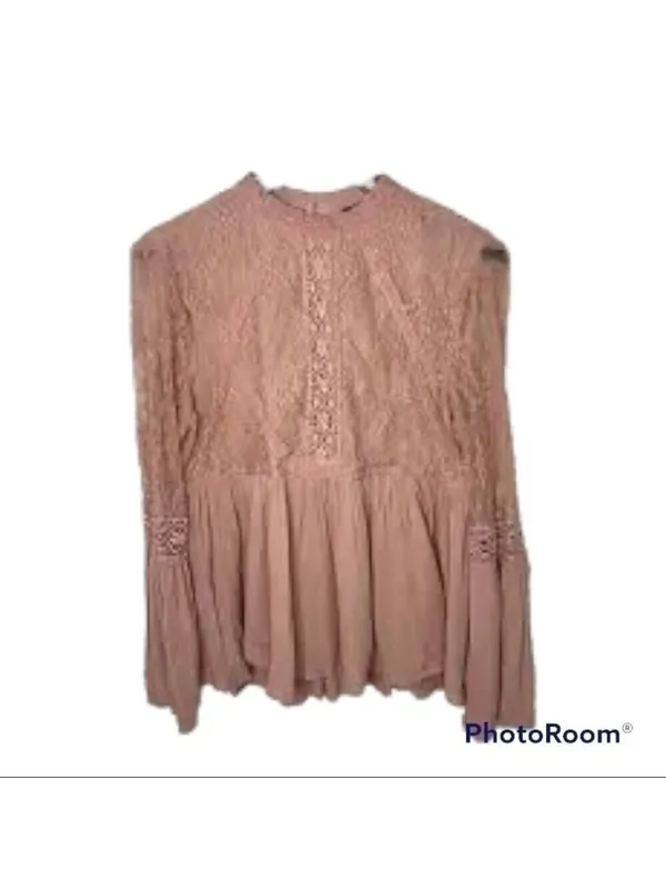 American Eagle Blush Pink Lace Peplum Bell Sleeve Long Sleeve Top Blouse - Image 11