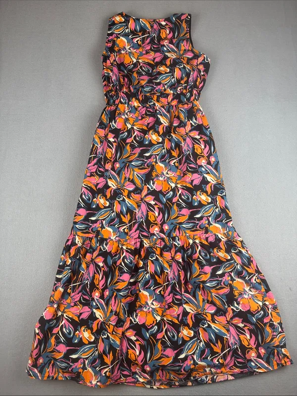 French Connection Floral Midi Dress in Black with Pink & Orange Print Size: XS - Image 5