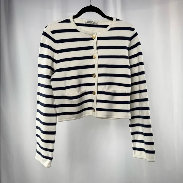 Abercrombie &‎ Fitch Gold Button Striped Cardigan Sweater in White Navy Size S - Image 2