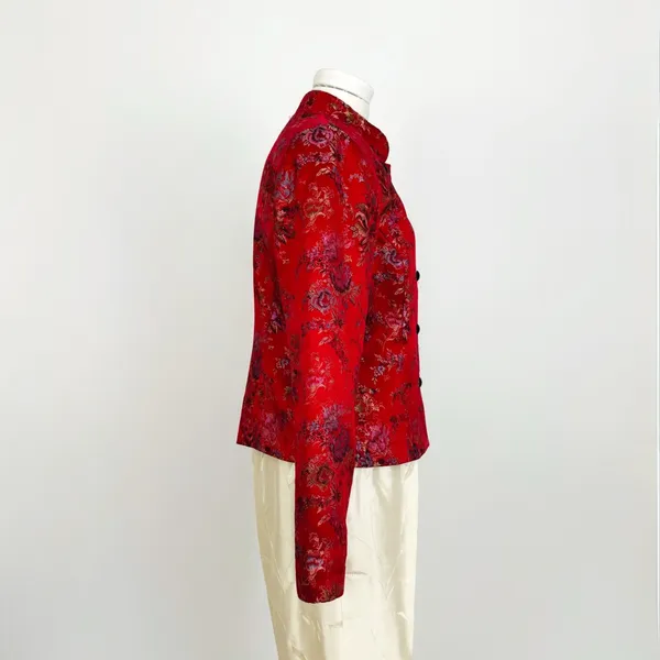 Vintage Y2K Silk-Blend Chinese-Style Patterned Tang Blazer in Red | Size S/M - Image 3